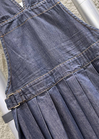French Navy Button Wrinkled Denim Jumpsuit Sleeveless