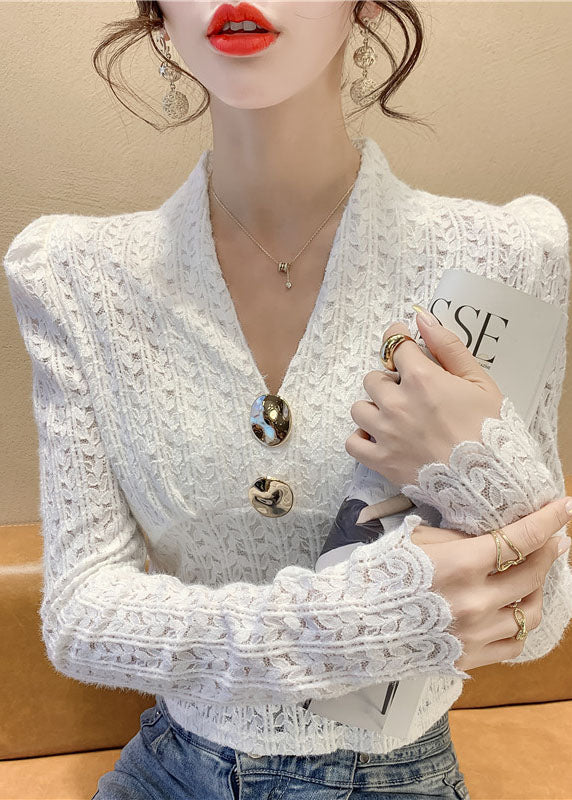 White Sequins V Neck Lace Tops Spring