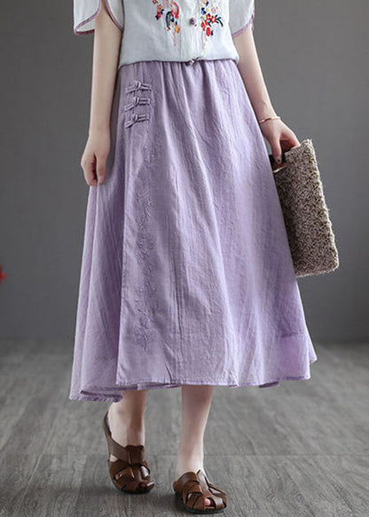 Purple Elastic Waist Embroideried Linen Skirt Spring