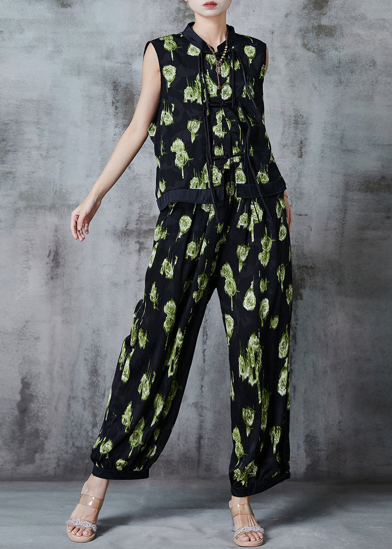 Green Patchwork Silk Sets 2 Pieces Tasseled Chinese Button Summer