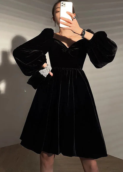 French Black V Neck Color Velour Mid Dress Lantern Sleeve