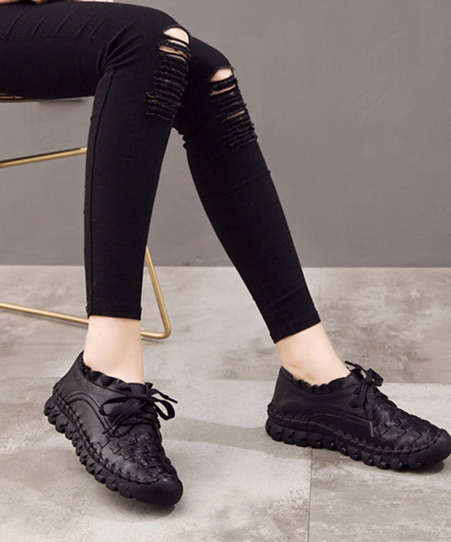 Diy Beige Cowhide Leather Flat Shoes for Knit Fabric Lace Up Flat Shoes