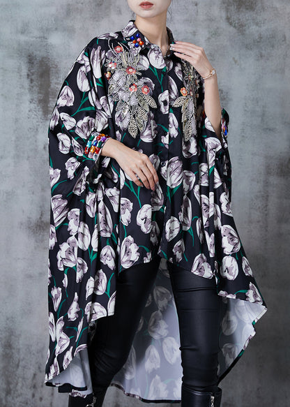Diy Black Sequins Print Low High Design Cotton Shirt Tops Fall