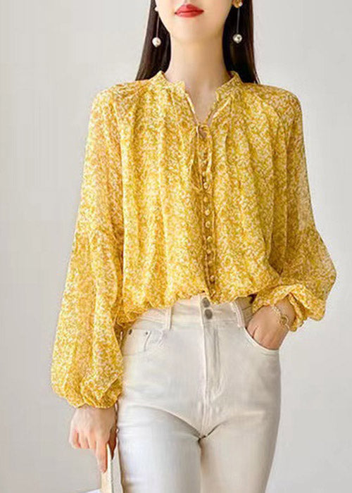 Yellow Stand Collar Print Button Lace Up Chiffon Shirt Long Sleeve