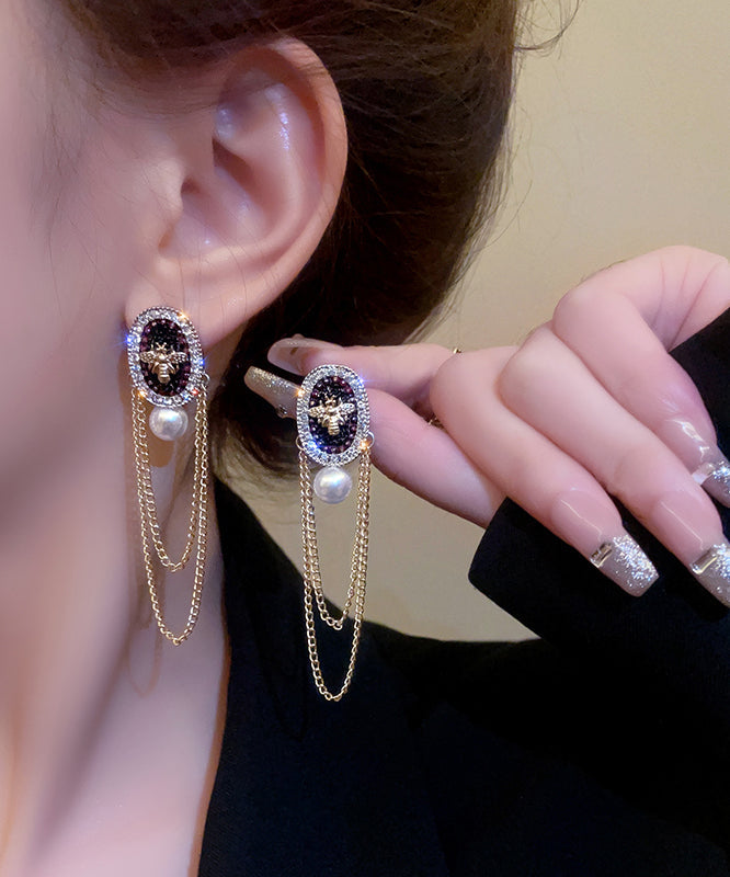 Gold Alloy Pearl Crystal Zircon Tassel Drop Earrings