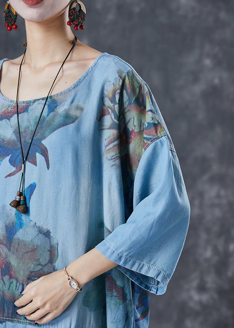 Denim Blue Oversized Print Cotton Robe Dresses Fall