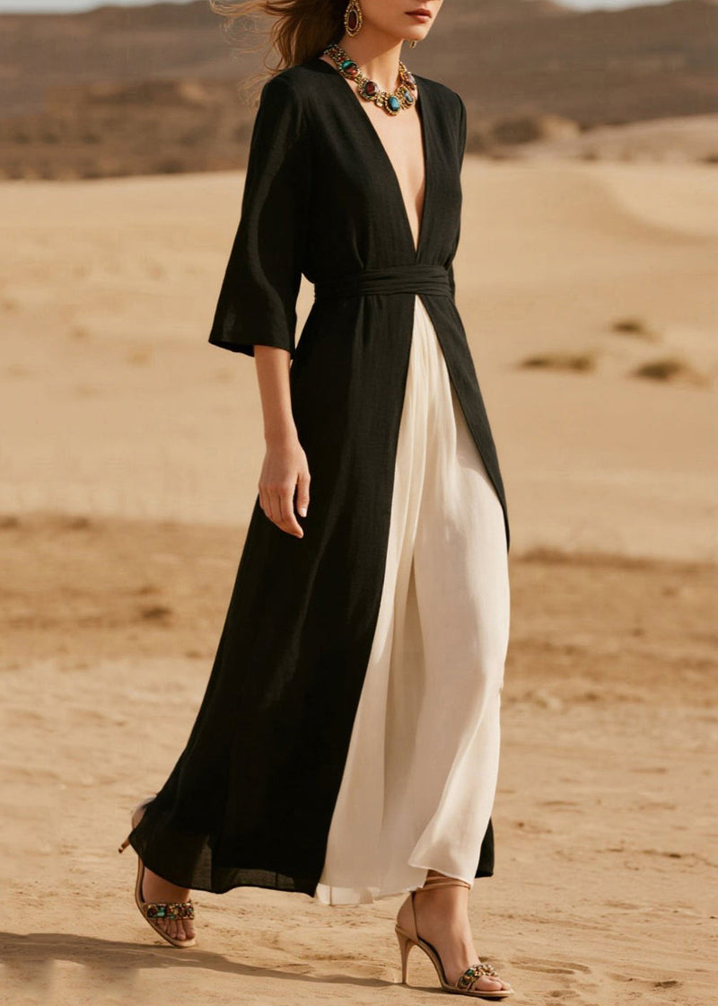 Black V Neck Side Open Chiffon Vacation Dresses Half Sleeve