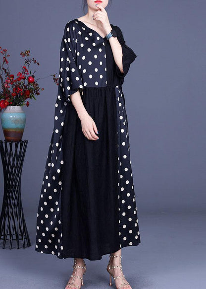 Fitted Black Patchwork Dot V Neck Silk Ankle Dress Summer