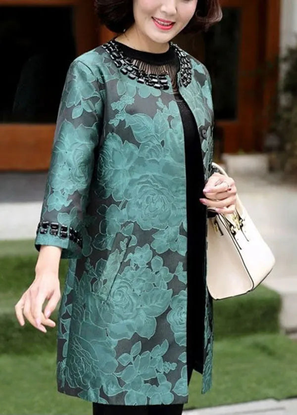 Green O-neck Jacquard Spandex Long Coats Bracelet Sleeve