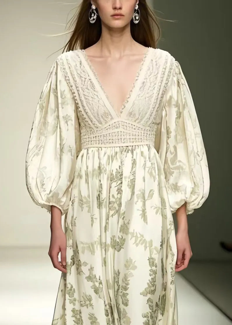 Fitted Beige V Neck Print Silk Vacation Dresses Lantern Sleeve Summer