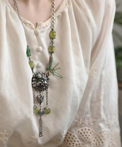 Green Sterling Silver Jade Tassel Lariat Necklace