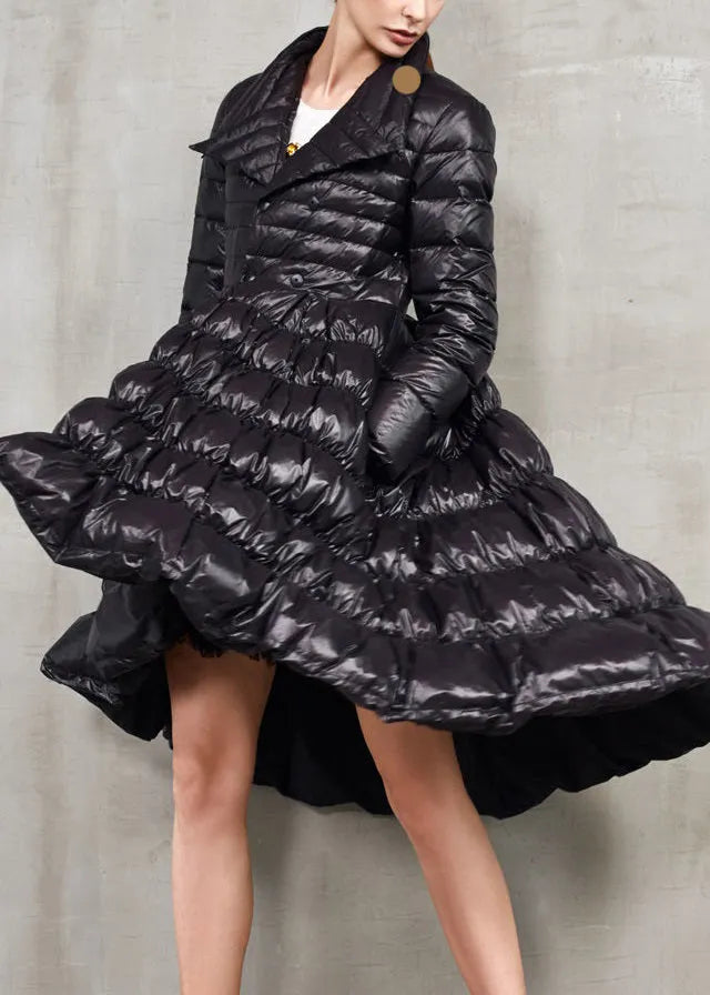 French Black Button Low High Design Cotton Blend Coat Long Sleeve