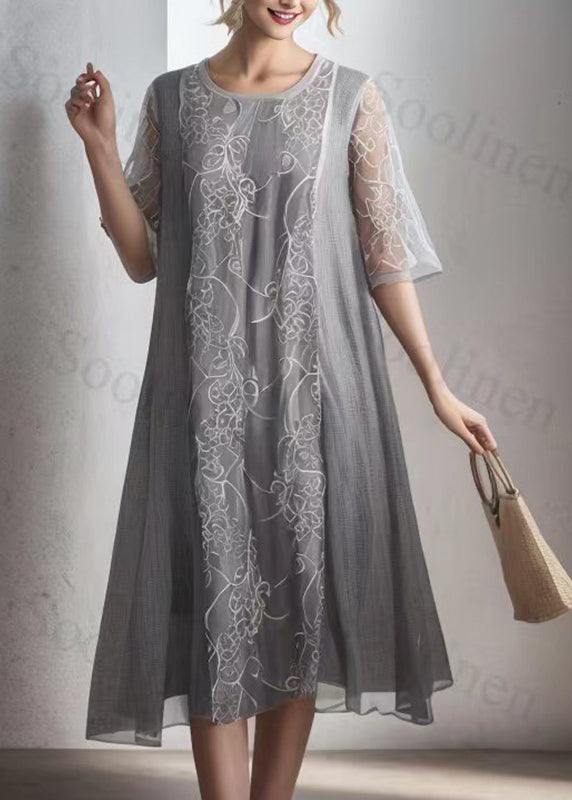 Grey Patchwork Silk Maxi Dress Short Sleeve