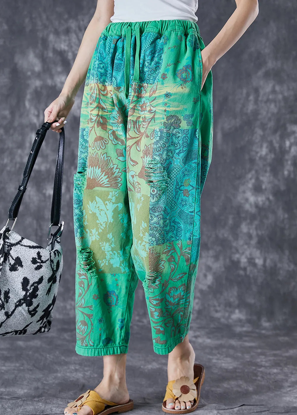 Italian Green Elastic Waist Print Denim Harem Pants Ripped Jeans Summer