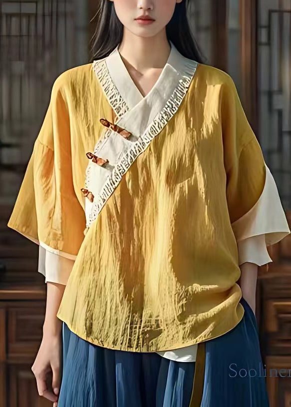Yellow V Neck Button Shirt Fall