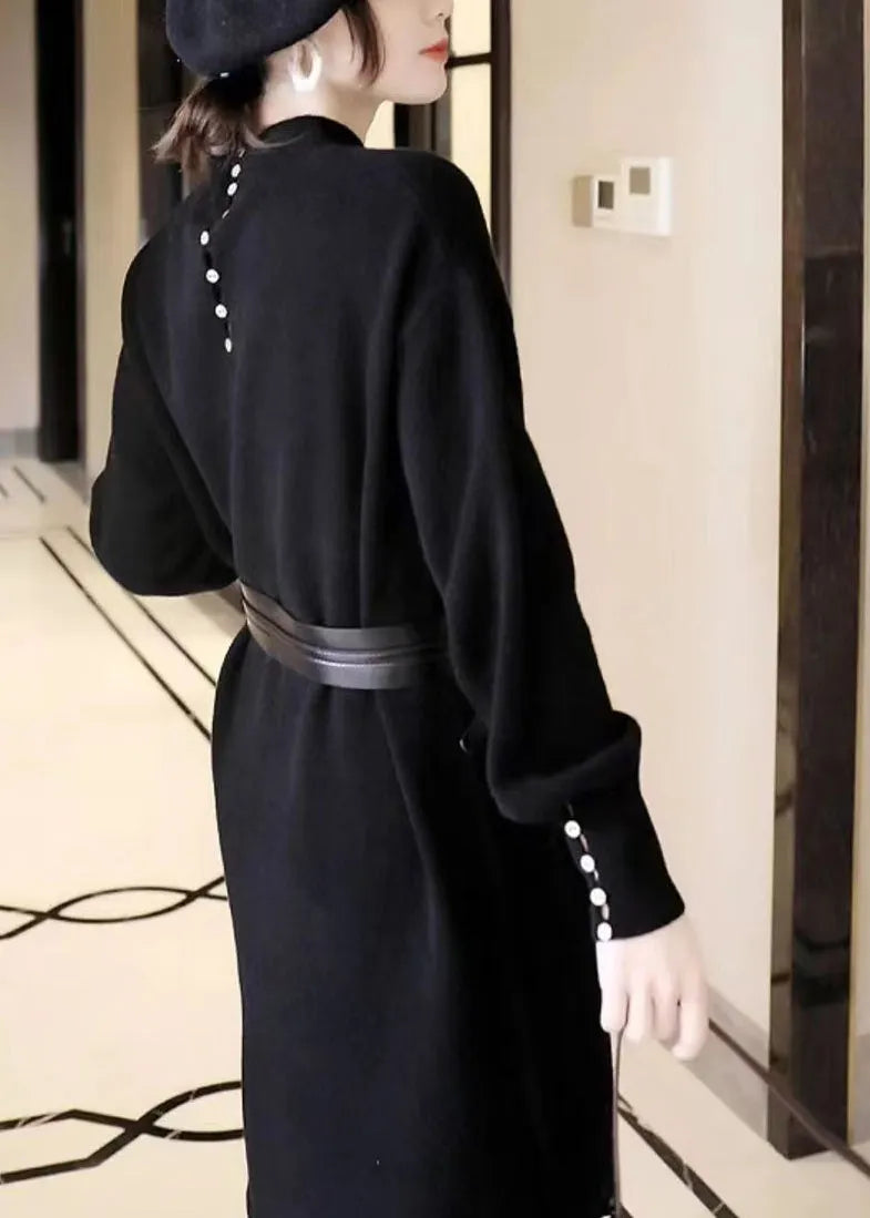 Black Stand Collar Tie Waist Patchwork Knit Sweater Dress Fall