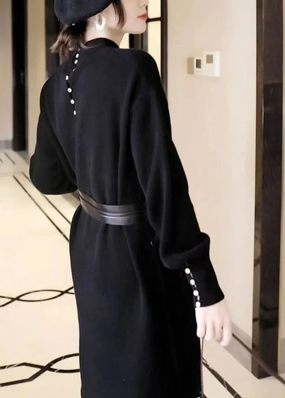 Black Stand Collar Tie Waist Patchwork Knit Sweater Dress Fall