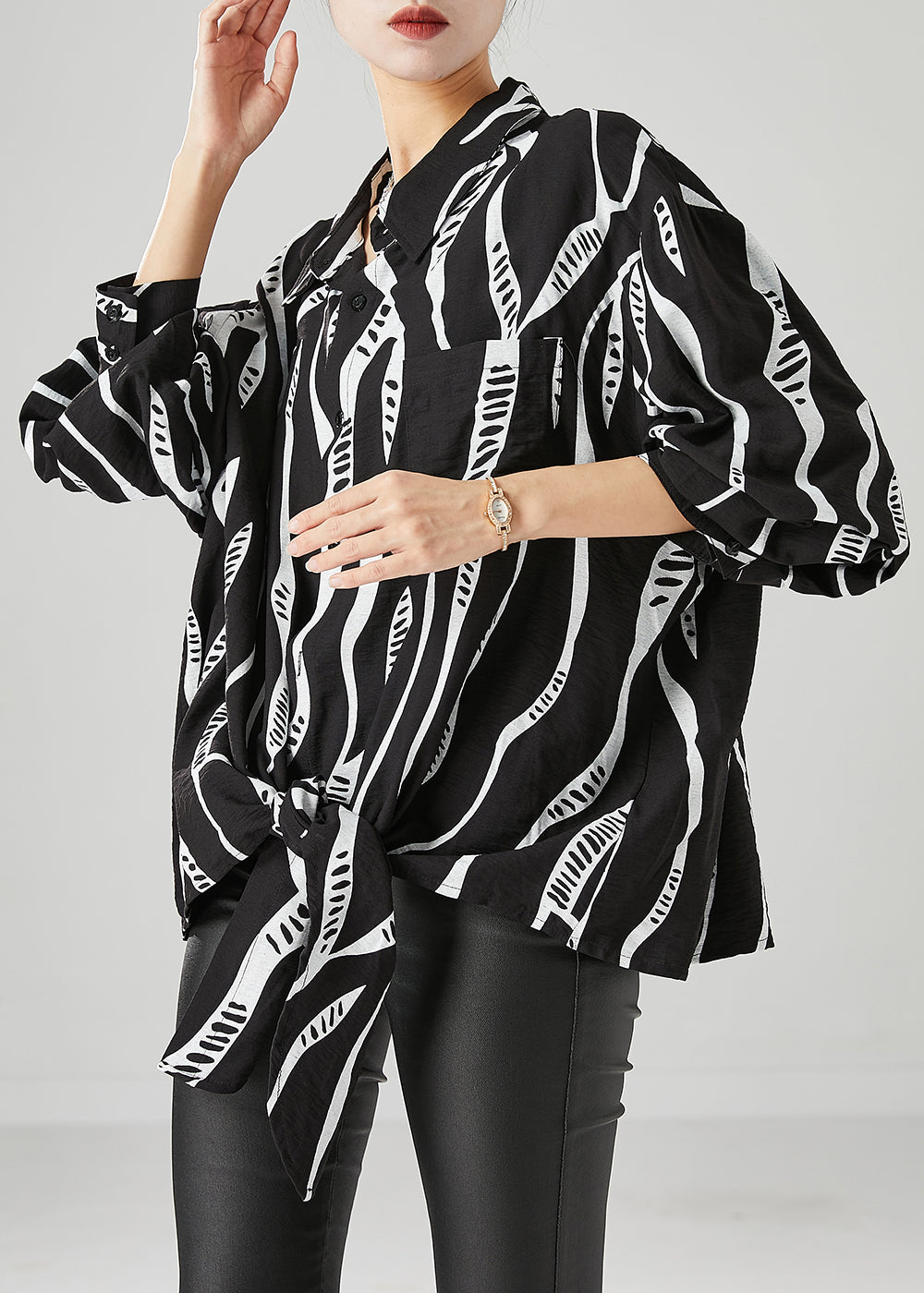 Handmade Black Oversized Print Cotton Shirt Top Fall