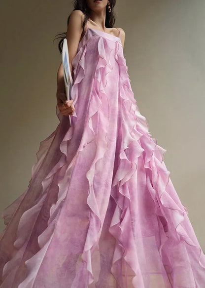 Pink Ruffled Chiffon Spaghetti Strap Dress Sleeveless