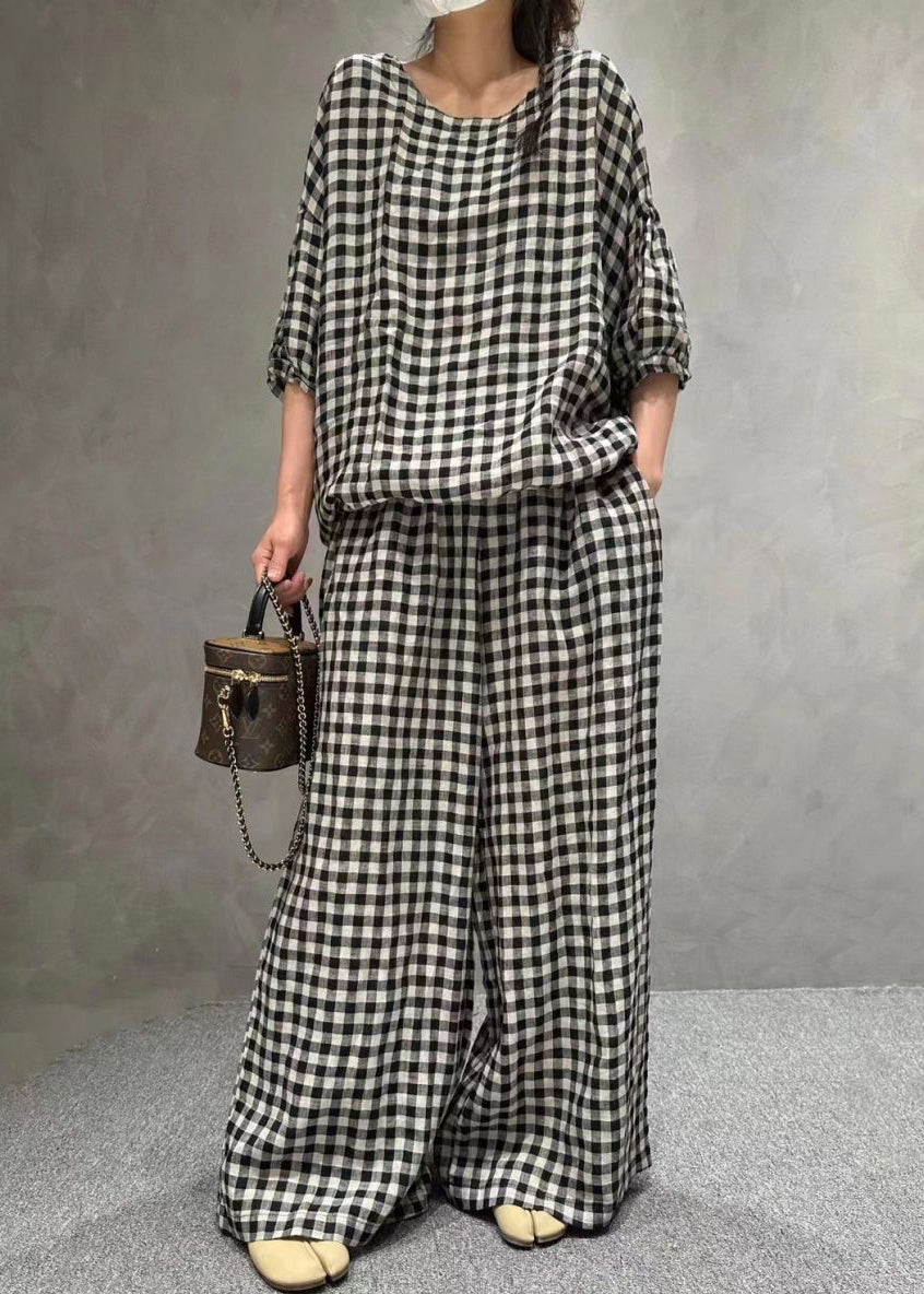 French Small Plaid O-neck Pockets Cotton Two Pieces Set Half Sleeve