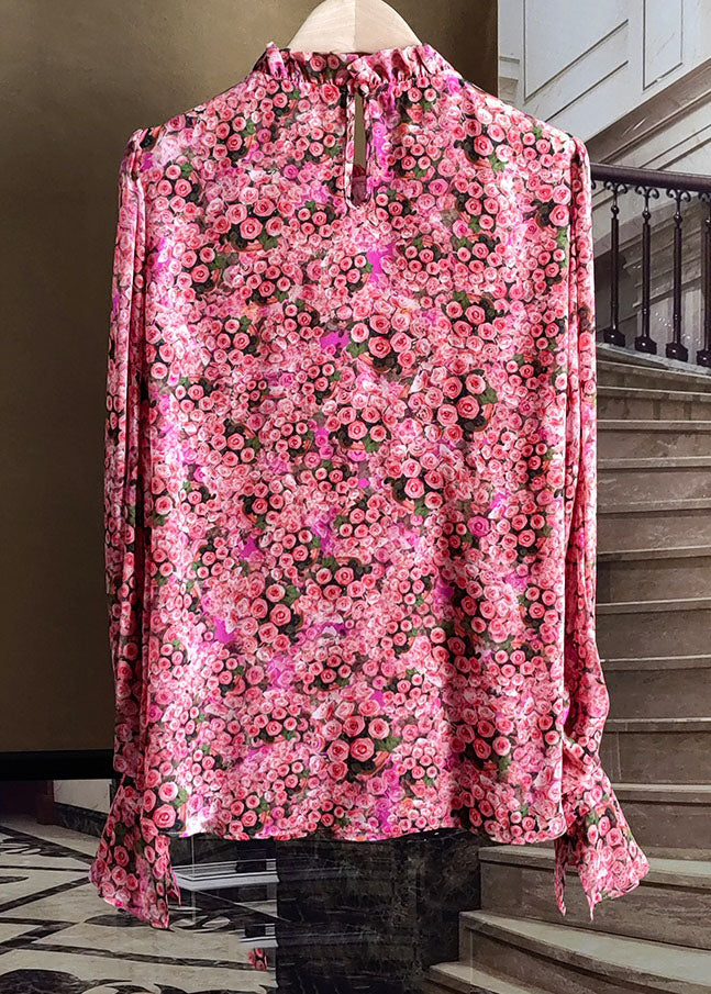 Red Ruffled Print Patchwork Silk Top Flare Sleeve