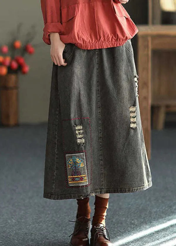 Black Side Open Embroideried Pockets Cotton Denim Ripped Skirt Summer
