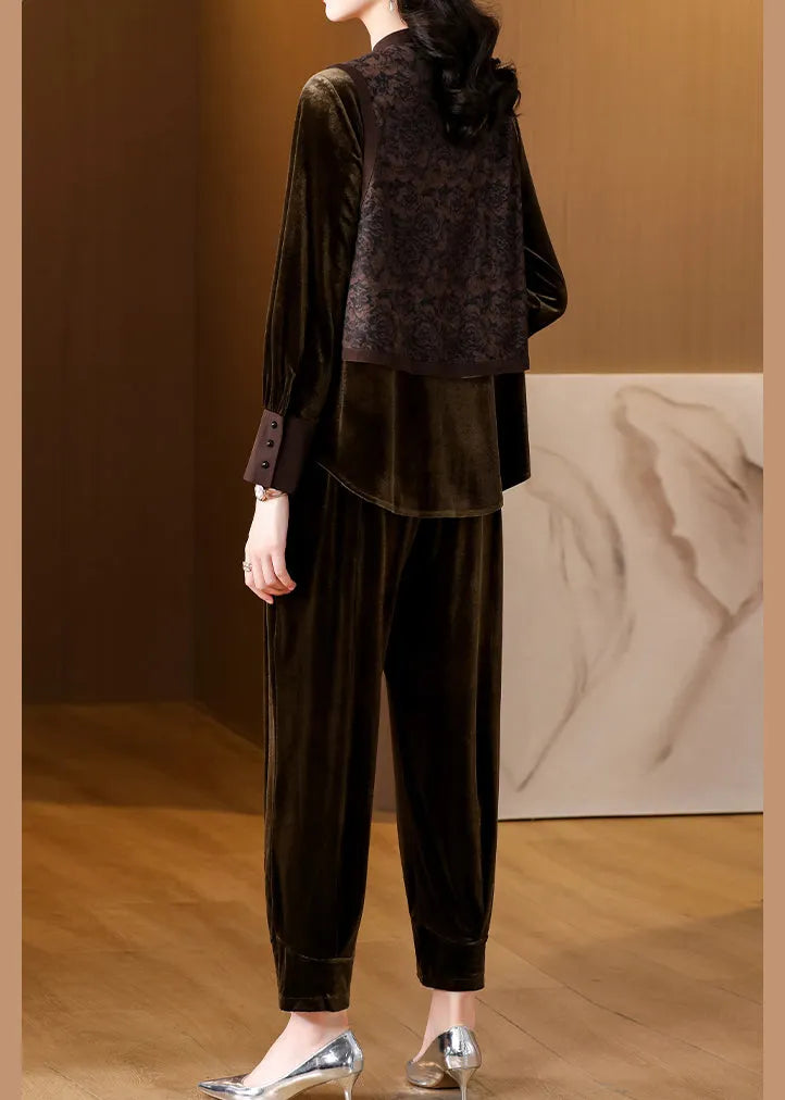 Brown Patchwork Button Silk Velour Top and Harem Pants Two Pieces Set Long Sleeve