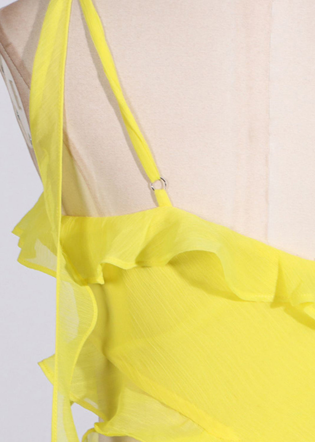 Slim Fit Yellow Asymmetrical Ruffled Hollow Out Chiffon Long Dresses Sleeveless