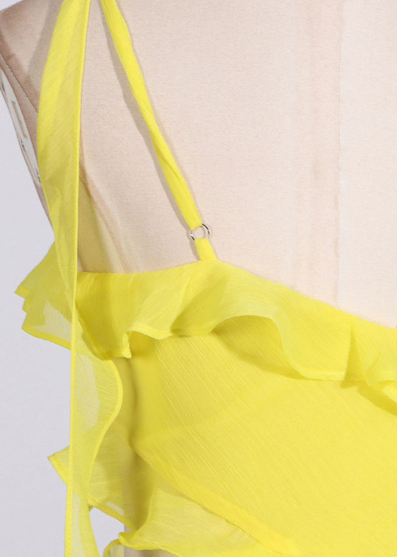 Slim Fit Yellow Asymmetrical Ruffled Hollow Out Chiffon Long Dresses Sleeveless