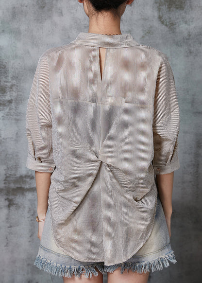 Khaki Striped Wrinkled Cotton Shirt Tops Summer