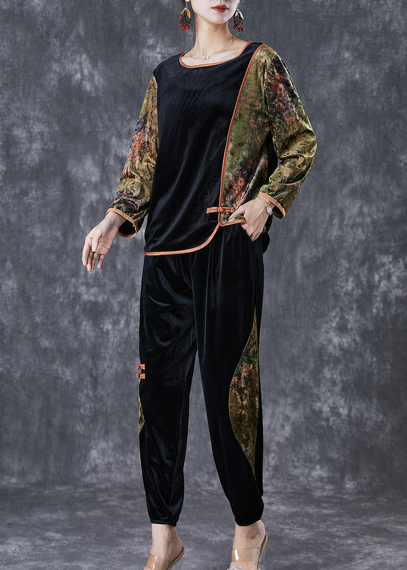 Green Patchwork Silk Velour Two Pieces Chinese Button Set Fall