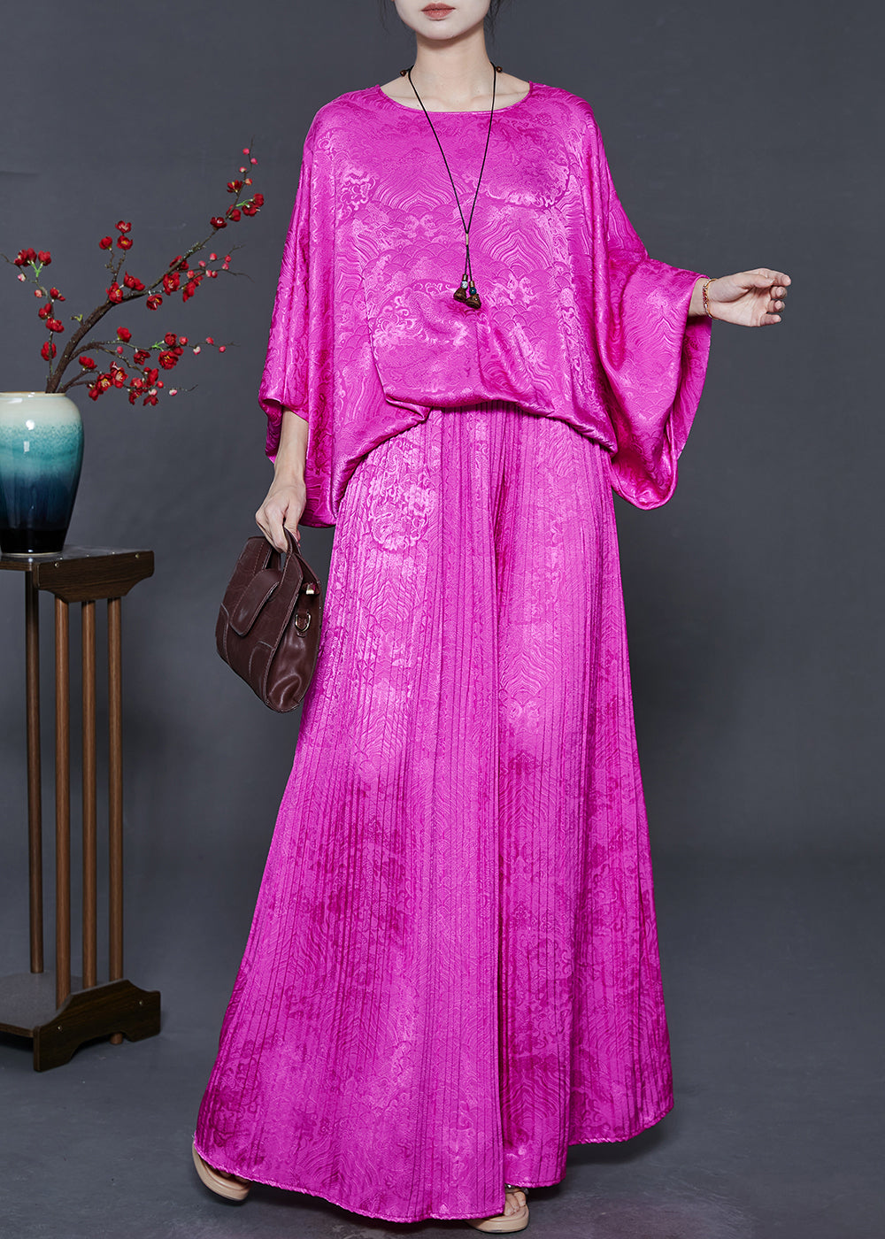 Rose Oversized Print Silk 2 Piece Outfit Batwing Sleeve