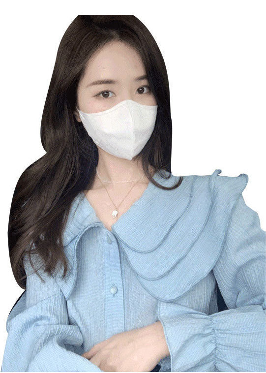 Light Blue Peter Pan Collar Wrinkled Chiffon Blouse Top Long Sleeve