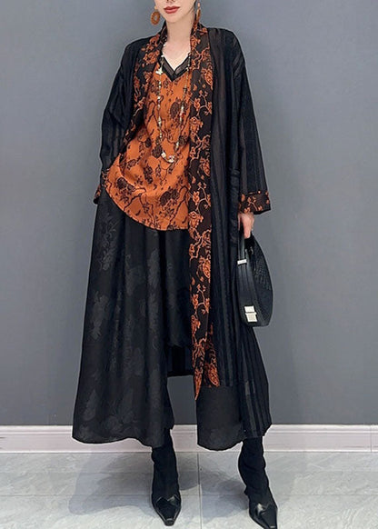 Black Tulle Maxi Cardigans and Print Top Two Pieces Set Fall