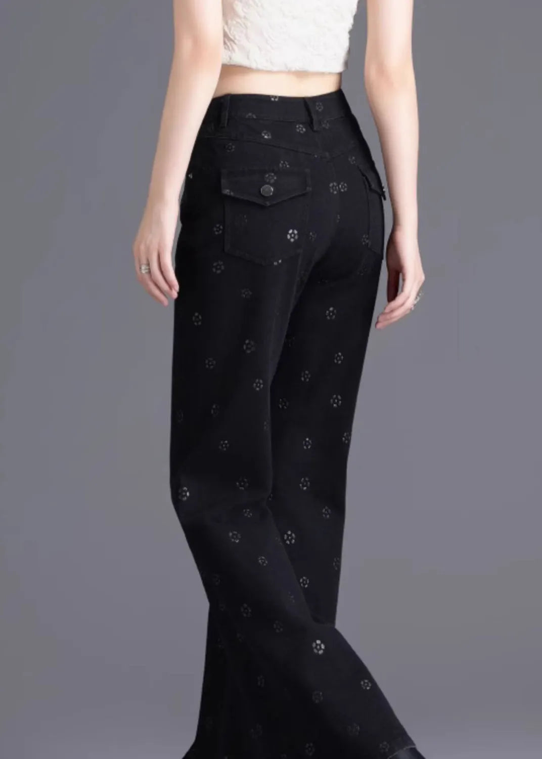 Slim Fit Black Pockets Print Denim Flared Trousers Spring
