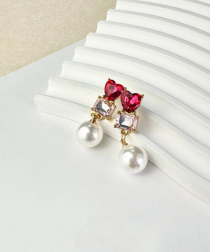 Red Sterling Silver Alloy Love Crystal Zircon Pearldrop Earrings
