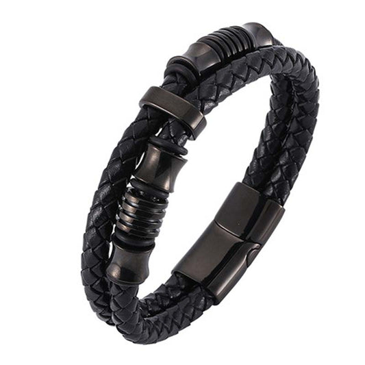 Layered Leather and Titanium Steel Spiritual Bracelet for Balance