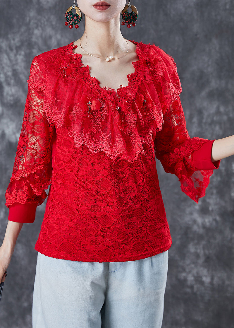 Red Hollow Out Nail Bead Lace Shirt Top Summer