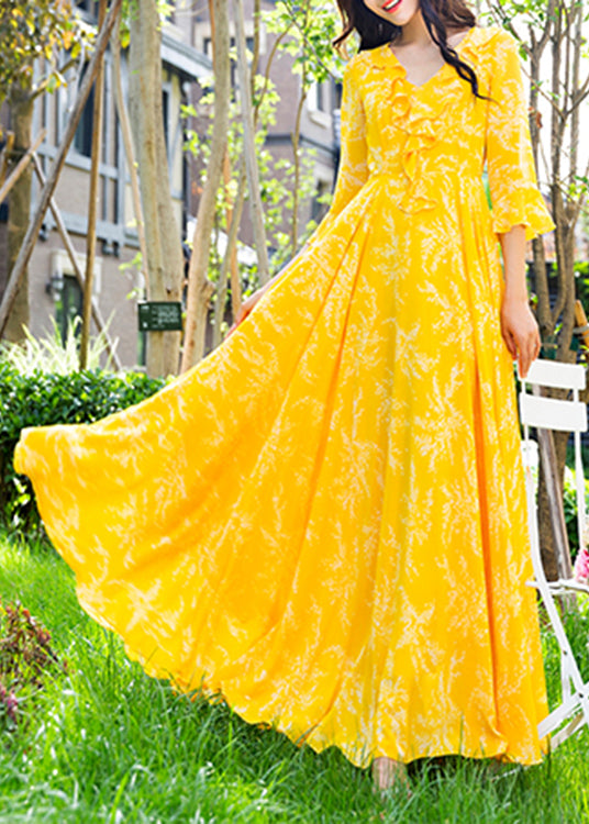 Yellow Ruffled Print Slim Chiffon Maxi Holiday Dress Spring