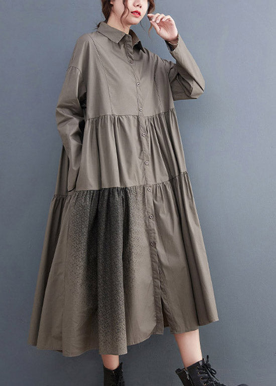 Grey Pockets Cotton Shirt Dresses Wrinkled Long Sleeve