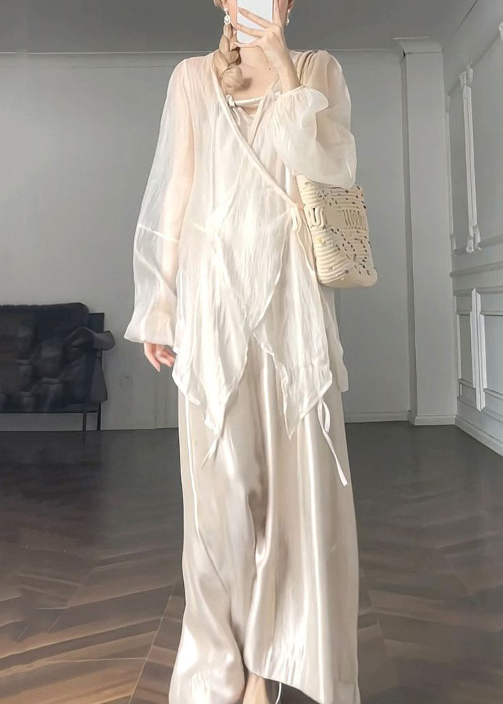 Apricot V Neck Lace Up Silk Two Pieces Set Spring