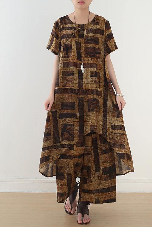 Gray Prints Chiffon Two Pieces Side Open Tops and Elastic Waist Wide Leg Pants