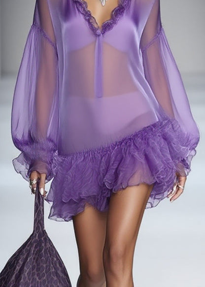 Purple Ruffled Tulle Mid Dress Spring