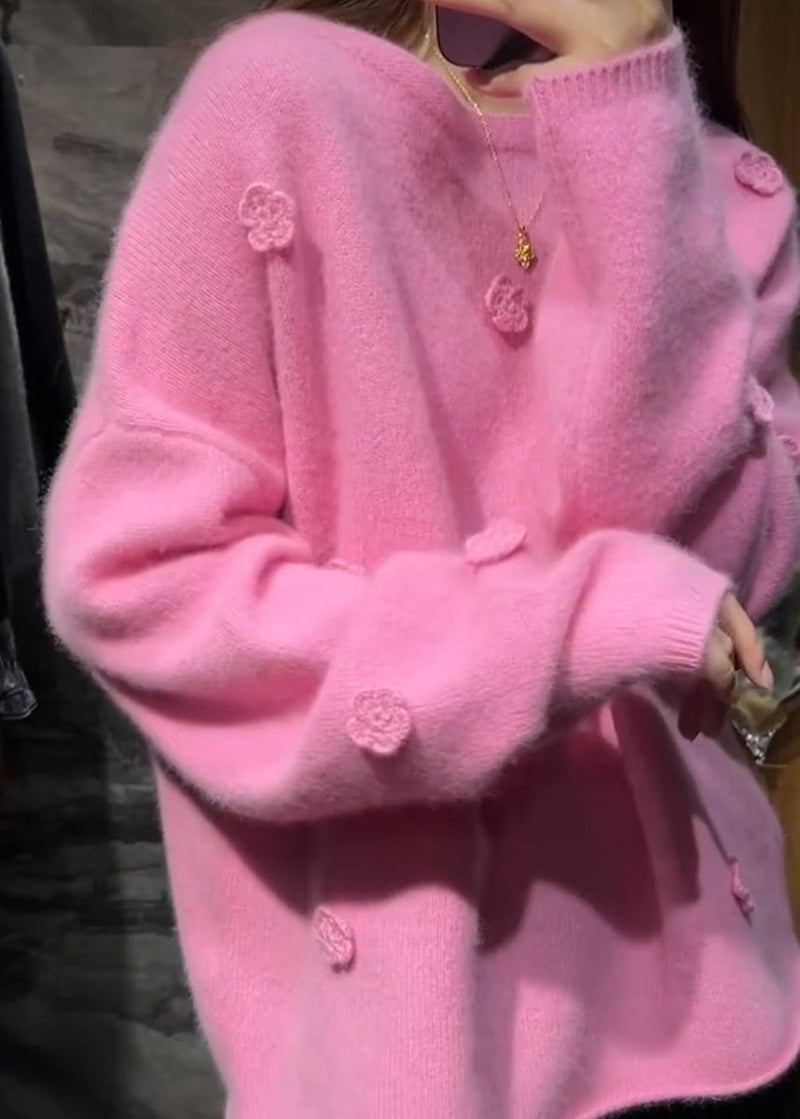 Pink Thick Cotton Knit Sweaters Long Sleeve Winter
