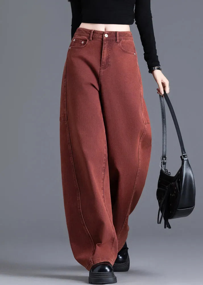 Brick Red Oversized Patchwork Denim Pants Spring