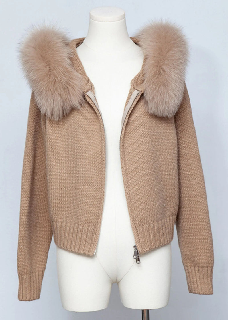 Coffee Zippered Patchwork Knit Fall Coats Hooded