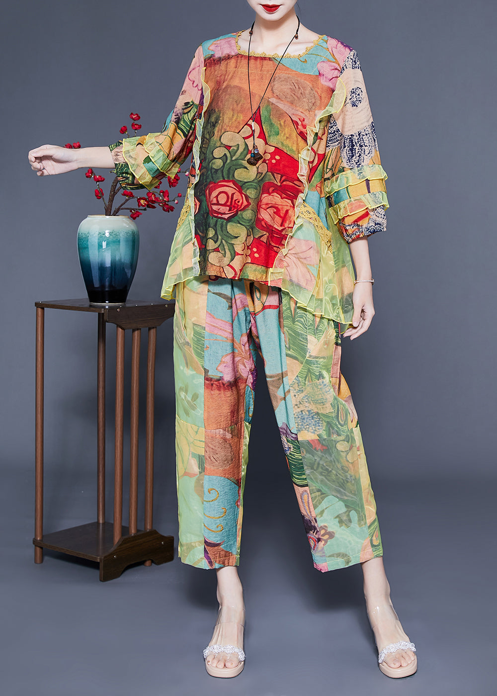 Light Green Ruffled Tulle Patchwork Print Silk Two Pieces Set Summer