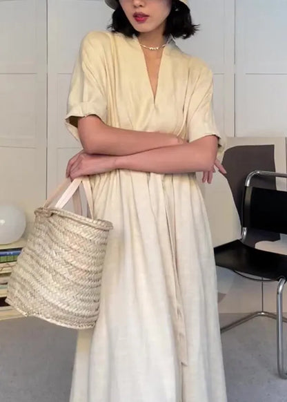 White V Neck Drawstring Pockets Cotton Dress Summer