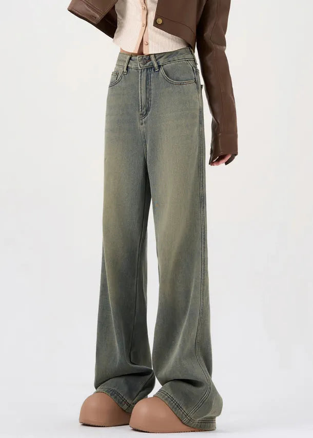 French Nostalgic Blue Pockets High Waist Warm Fleece Denim Pants Spring