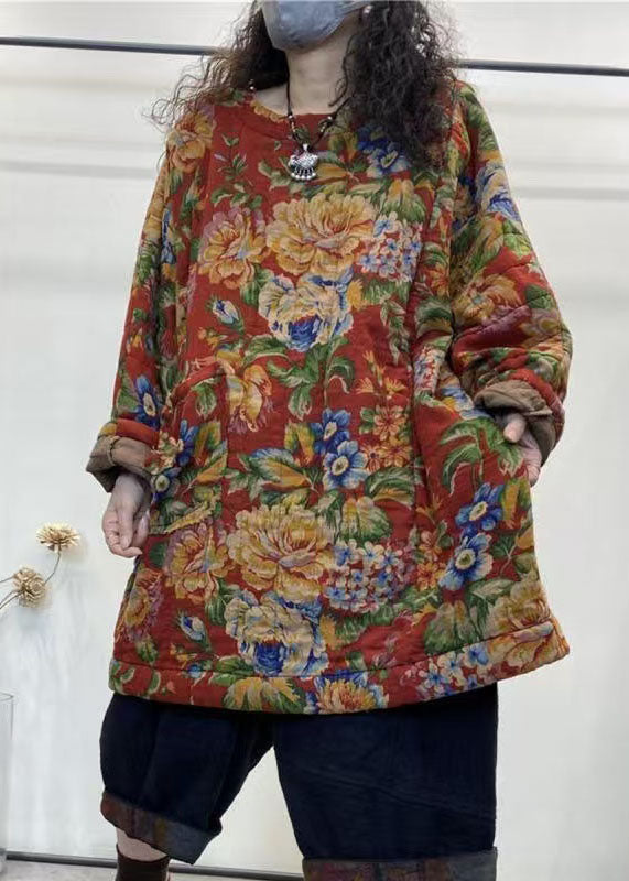 Red O Neck Print Fine Cotton Filled Top Winter